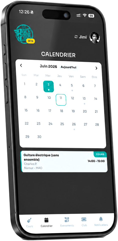Aperçu de l'application Rock's Cool sur smartphone : calendrier des cours